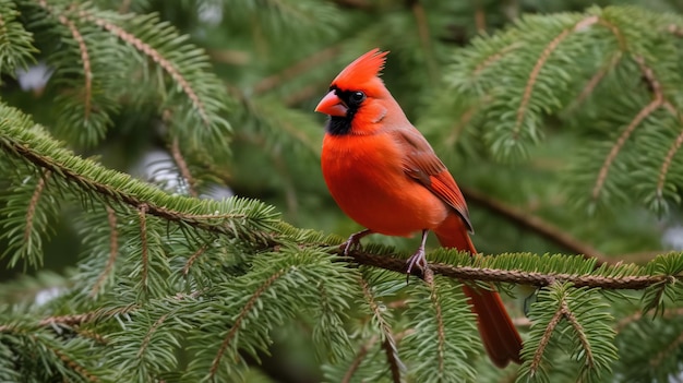 Foto cardinale settentrionale su un ramo di abete rosso ai generativo