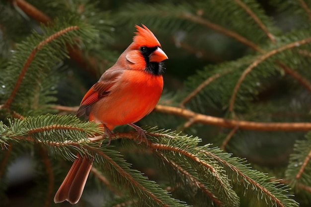 Northern Cardinal on a spruce branch AI generative