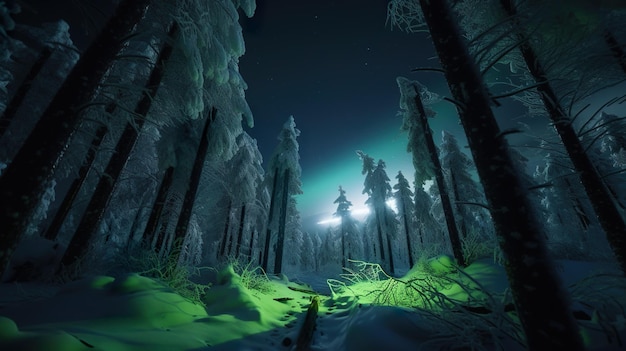 Northern dark forest in winter illuminated by polar lights aurora borealis AI generative