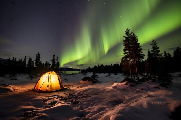 Northern light over lake and camping tent