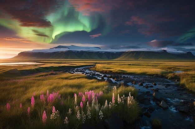 Photo the northern light over the marsh landscape with wildflowers in landmannarlaugar iceland