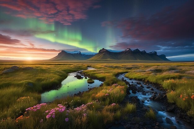 The Northern Light over the marsh landscape with wildflowers in Landmannarlaugar Iceland