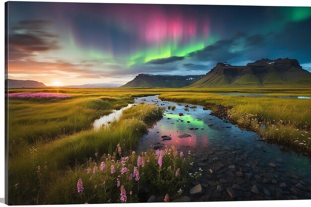 Photo the northern light over the marsh landscape with wildflowers in landmannarlaugar iceland