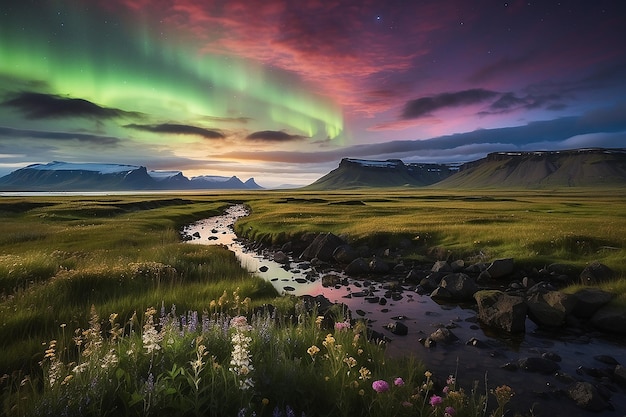 Photo the northern light over the marsh landscape with wildflowers in landmannarlaugar iceland