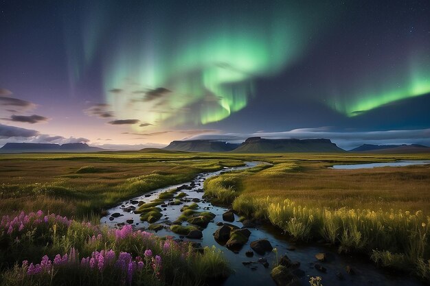 Photo the northern light over the marsh landscape with wildflowers in landmannarlaugar iceland