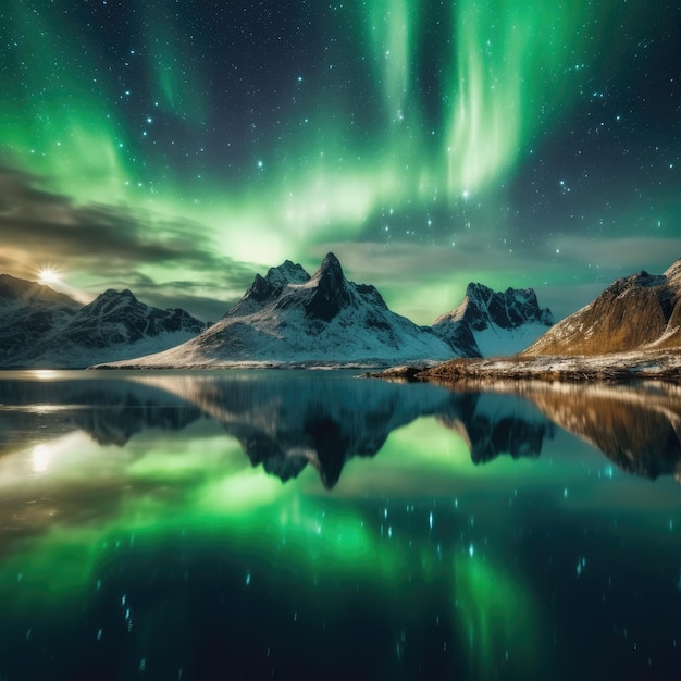 Northern light mountains and frozen ocean Winter landscape at the night time