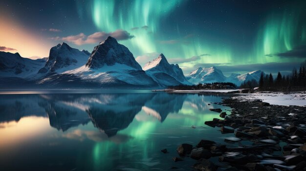 Northern Lights in the Arctic Ocean Green glow in the sky