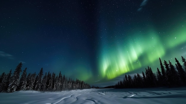 The northern lights are lit up in the sky above a snowy field.