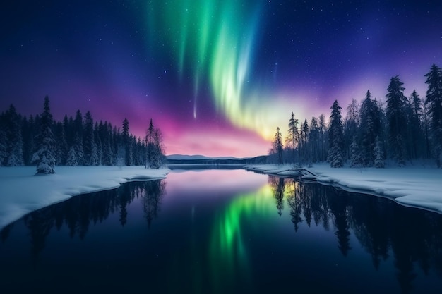 The northern lights are lit up in the sky above a snowy forest.