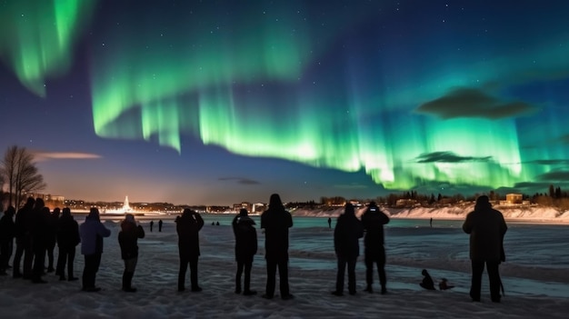 Northern lights Aurora borealis over frozen lake in winter Generative AI