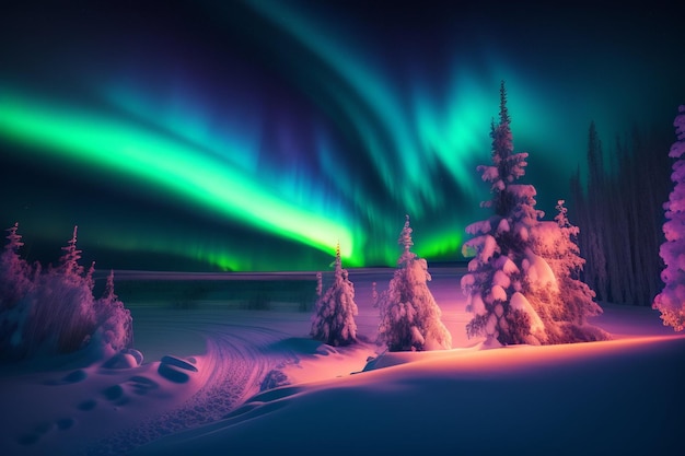 A northern lights aurora borealis lights up the sky in the snow.