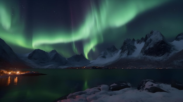 A northern lights aurora borealis over a snowy mountain lake