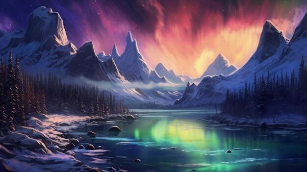 Northern lights over the city in the mountains