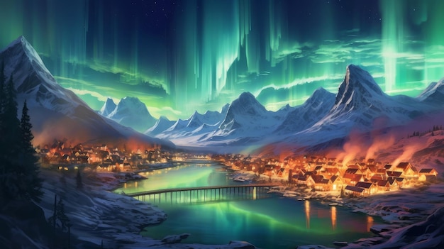 Northern lights over the city in the mountains