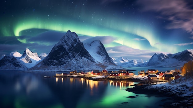 Northern lights over coastal village and mountain land