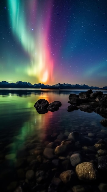 Северное сияние красочное небо ночное озеро