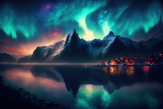 The northern lights dancing against a backdrop of city lights snowy mountains and the ocean at night
