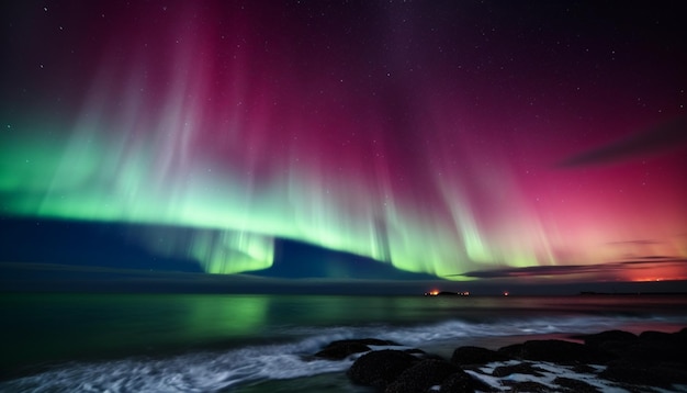 A northern lights display over a beach