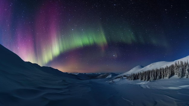 A northern lights display over a snowy landscape