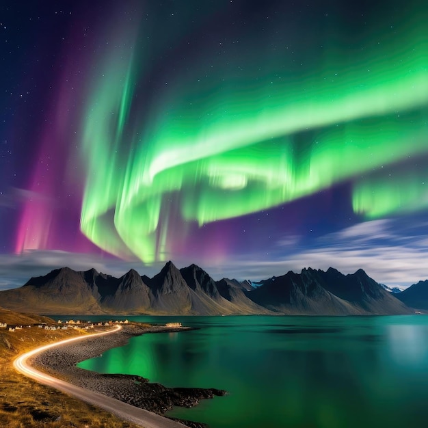 Northern lights over the fjord and mountains in the background Iceland