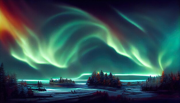 Foto aurora boreale sopra la foresta illustrazione astratta art