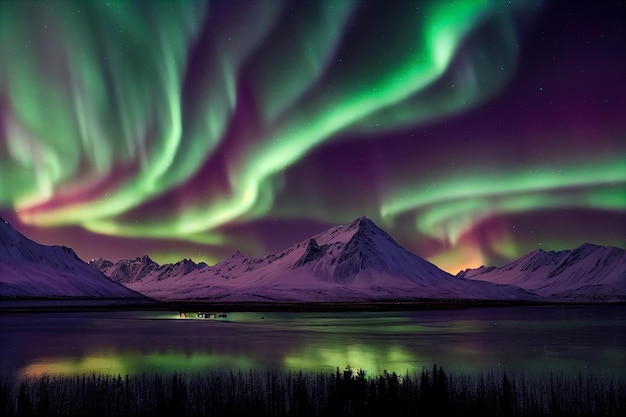 Foto aurora boreale sopra la foresta illustrazione astratta art