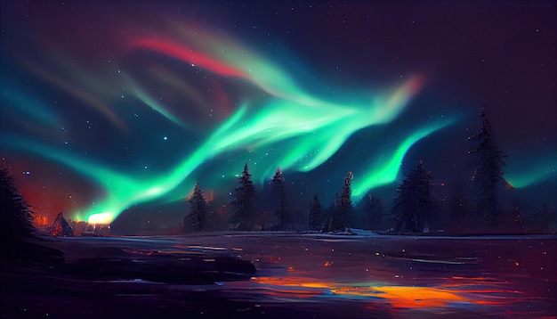 Northern lights over the forest Abstract illustration art