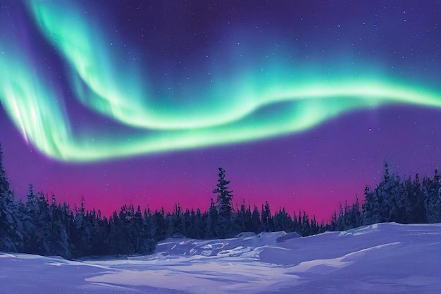 Northern Lights over the forest. Aurora borealis with starry in the night sky. Fantastic Winter