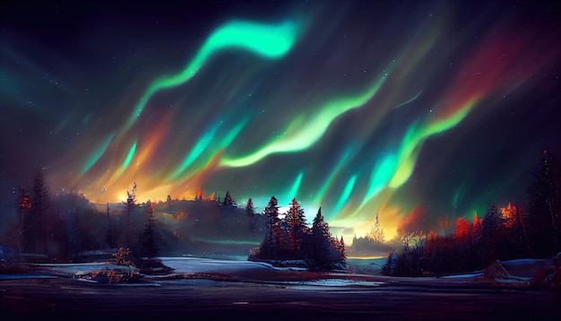 Northern lights over the forest and snowy mountains Abstract illustration art