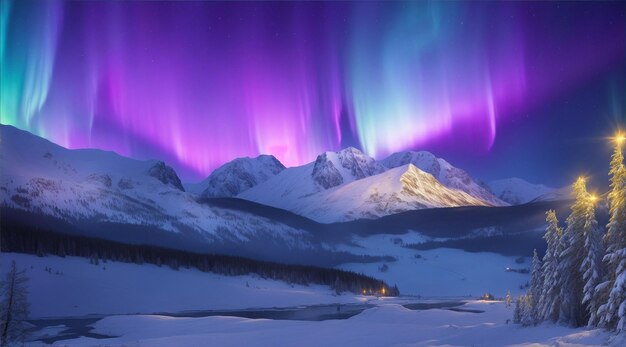 Northern lights over the forest and snowy mountains by Generative AI