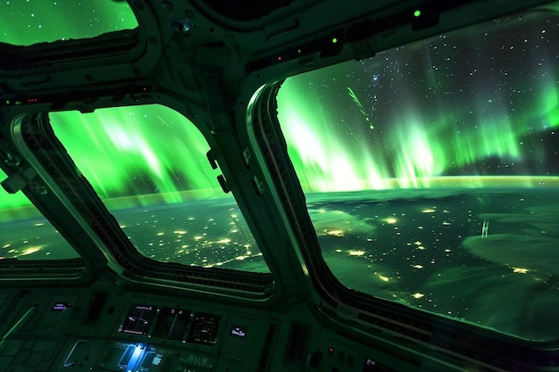 the northern lights from the cockpit are visible