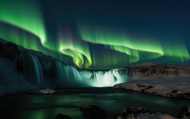 Northern lights The Godafoss is a waterfall in Iceland Generative AI