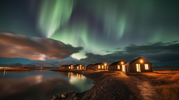 Northern lights over houses in Iceland Long exposure Generative AI