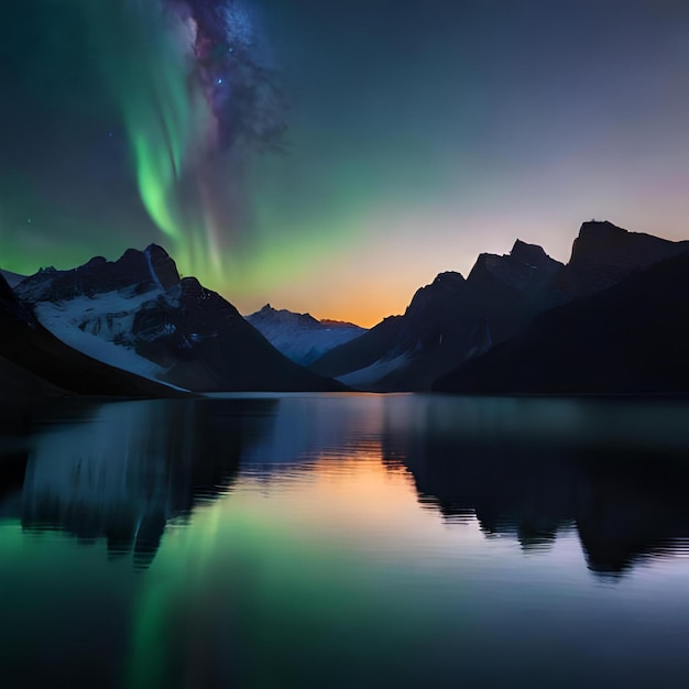 A northern lights is reflected in a lake