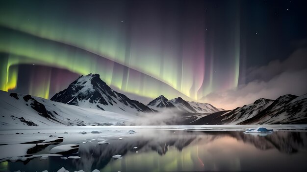 Northern lights over lake in snowy winter mountains landscape Aurora borealis background wallpaper