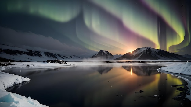 Северное сияние над озером в заснеженных зимних горах, пейзаж Северного сияния, фоновые обои