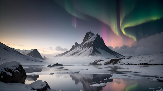 Northern lights over lake in snowy winter mountains landscape aurora borealis background wallpaper