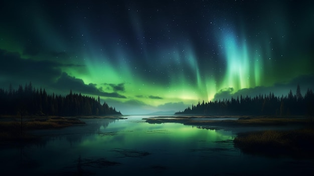 Northern lights over lakegenerative ai