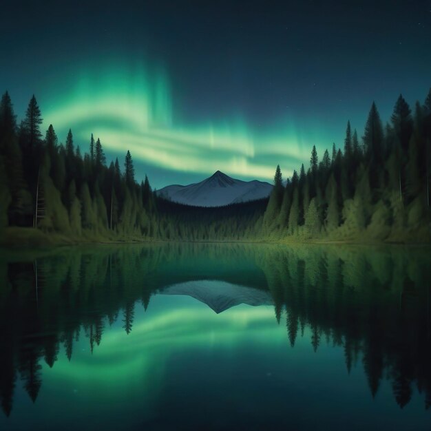 山の湖の上の北極光と水の反射 3D イラスト