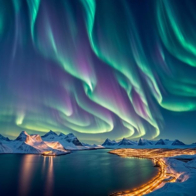 Northern lights on mountains background Generative AI