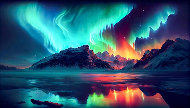 Photo northern lights at night over the mountains generative ai generative ai