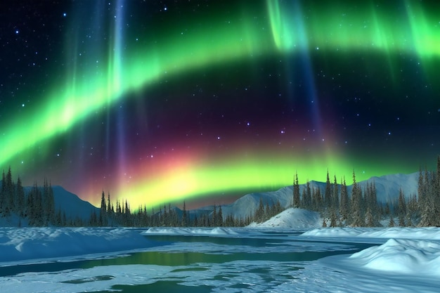 Northern lights in the night sky over the river