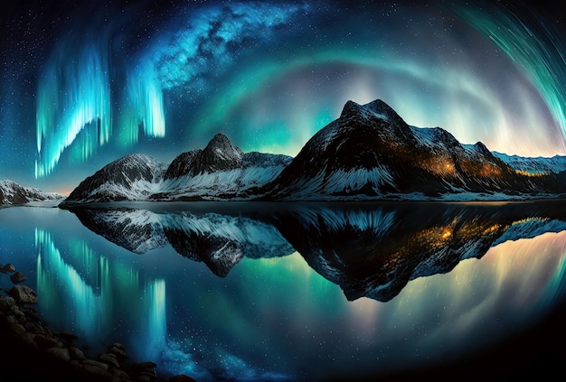 Northern lights in night starry sky against background of mountains and lakes Generative AI illustration