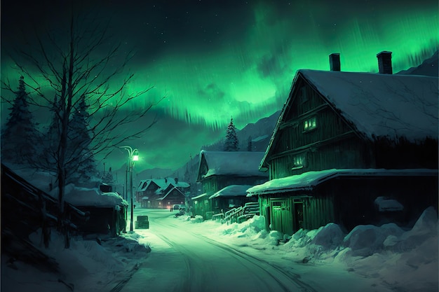 Northern lights over the northern village