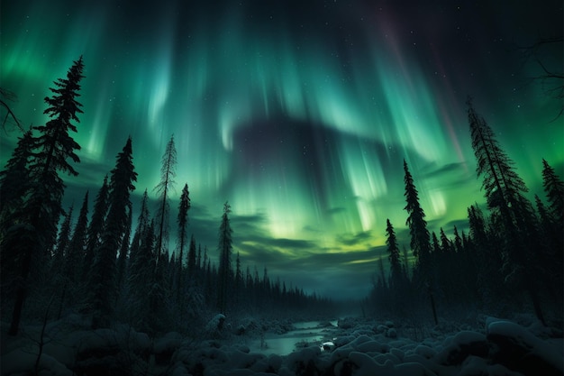 Premium AI Image  Northern lights paint the forest in green an 