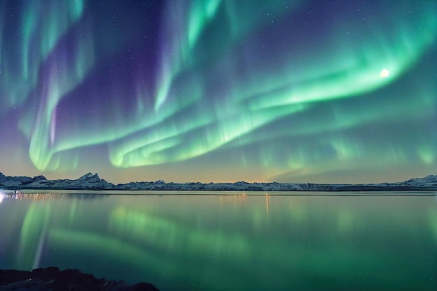 Northern lights over sea surface