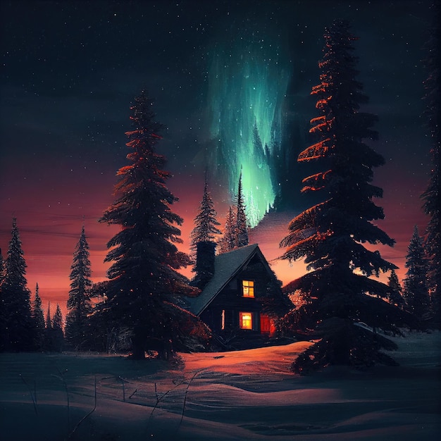 Northern lights on a small house in the woods Generative AI