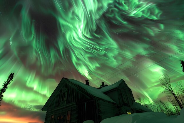 Photo northern lights above a snowcovered cabin