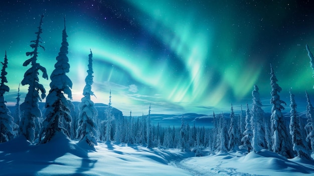 The northern lights over the snowcovered forest a lot of trees snowroad ice cold river