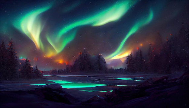 Northern lights over the snowy forest Abstract illustration art